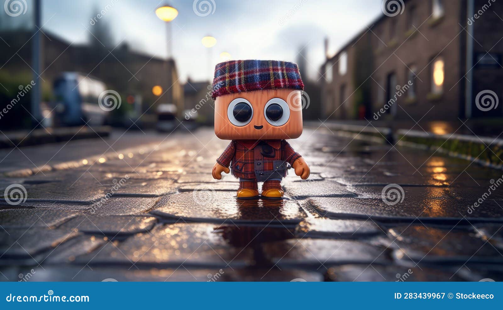 tiny scottish robot walking in the rain with pop culture mash-up