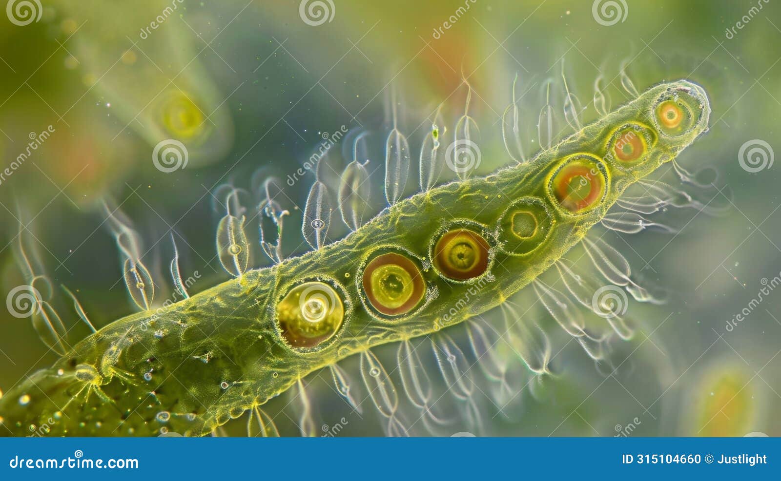 a tiny singlecelled algal organism magnified to show the intricate details of its flagella and chloroplasts. .