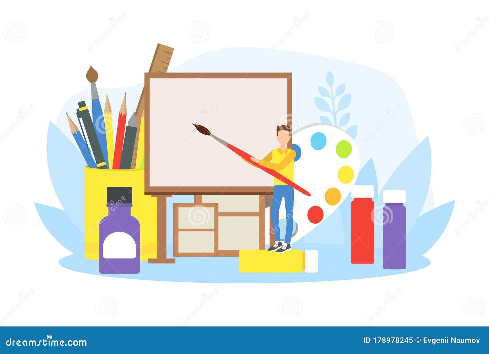 Tiny Young Woman Artist Painting with Big Paintbrush on Easel Vector ...