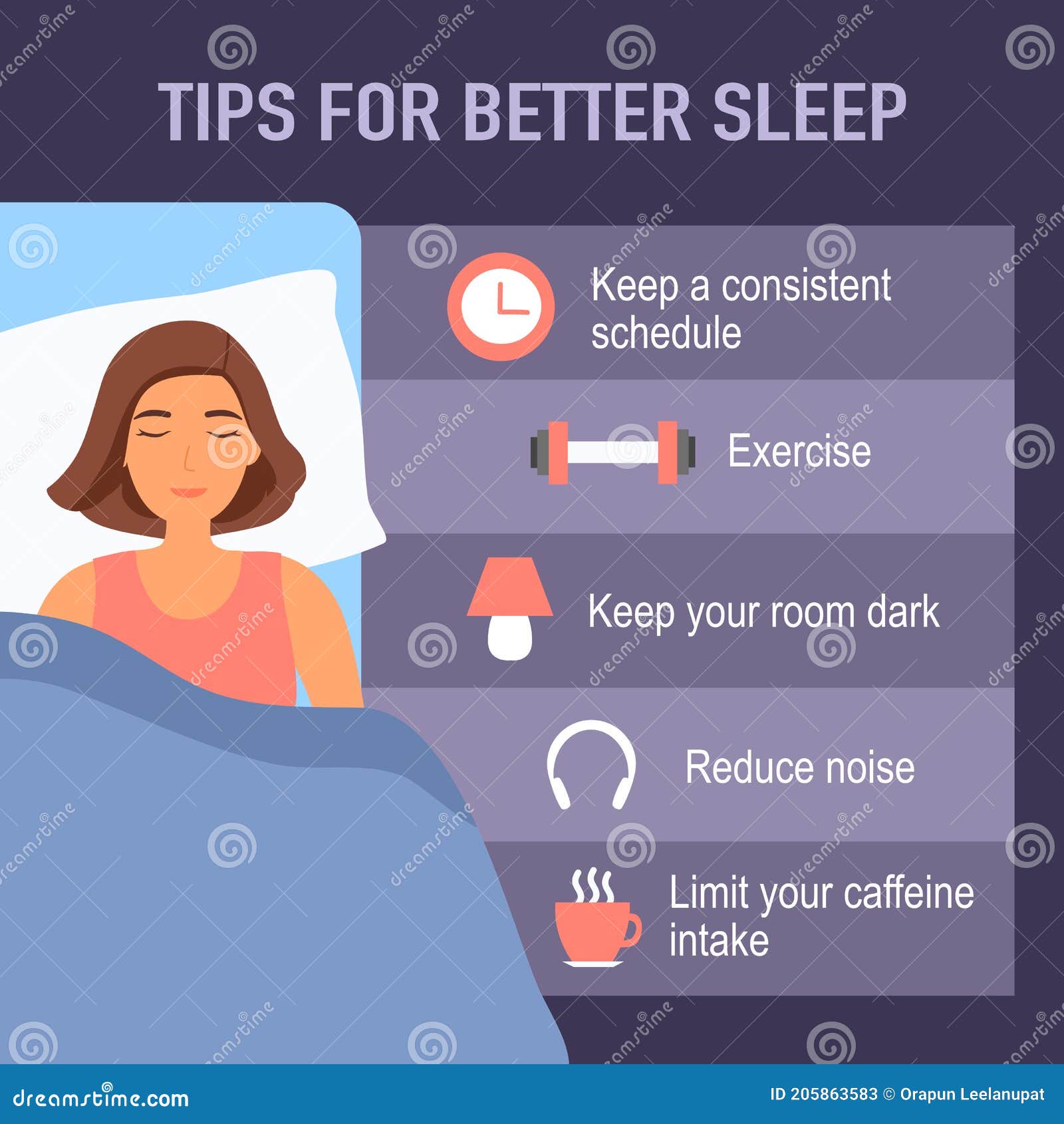 Tips For Better Sleep At Night Infographics Sleeping Woman In Bedroom And Useful Advices For