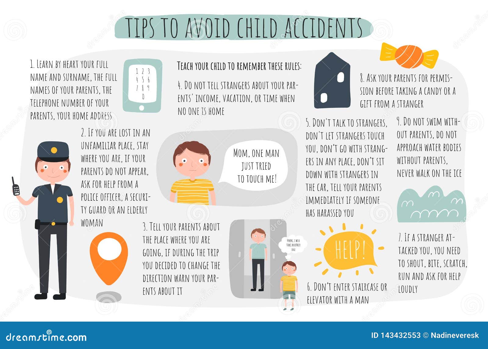 tips to avoid child accidents infographic. recommendations for parents about child safeness.