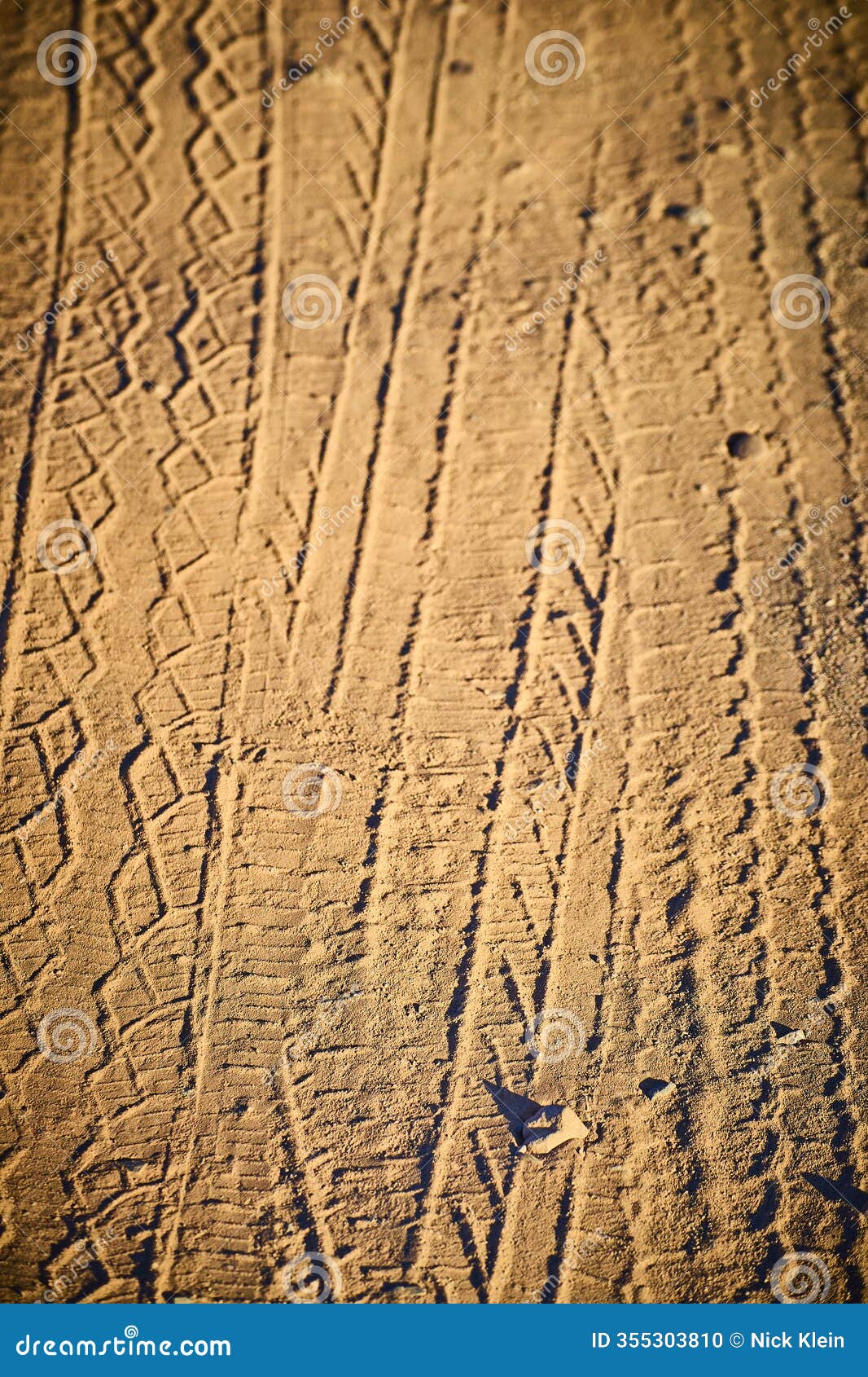 tire tracks on sandy path at golden hour eye-level perspective