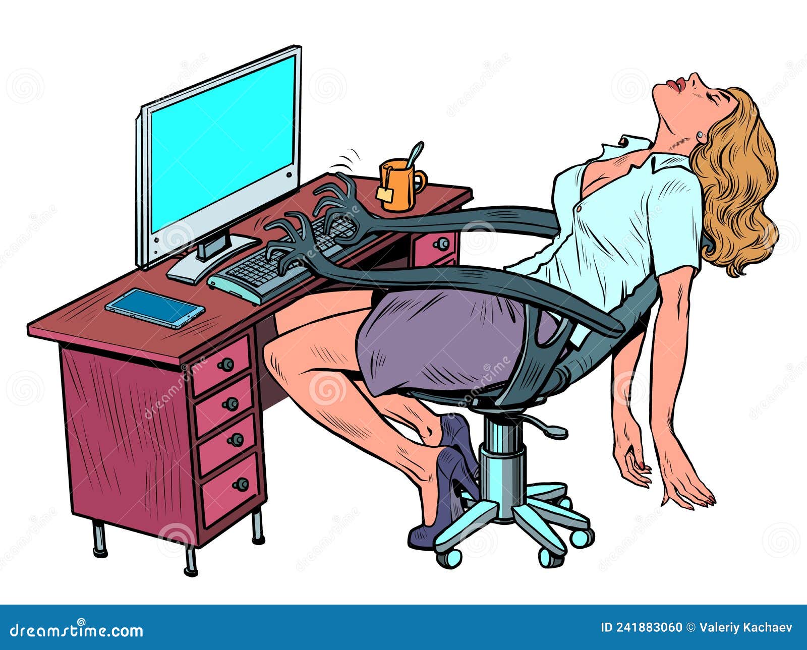 a tired businesswoman spt woman in the office at the workplace. a robot chair works for her, typing text on the computer