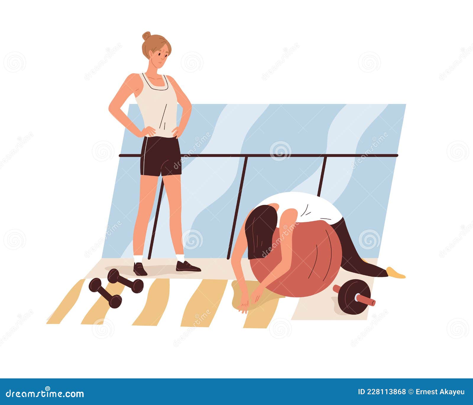 tired exhausted woman during workout in gym. weak lazy apathetic person feeling sick and fatigue at training. physical