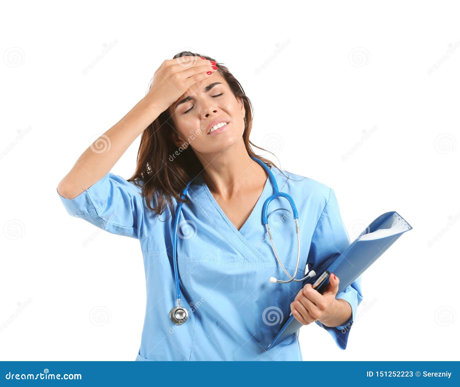 Tired Female Nurse with Folder on White Background Stock Image Image