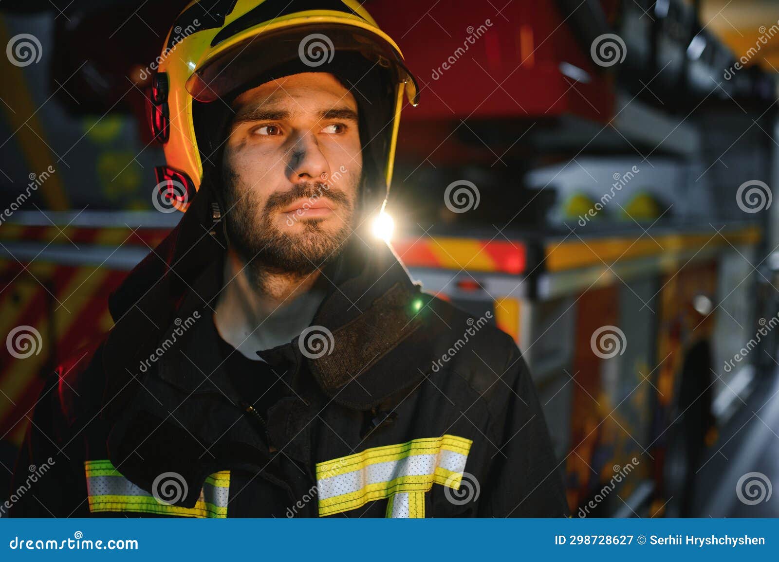 Tired Firefighter after Work in a Fire Department Stock Image Image