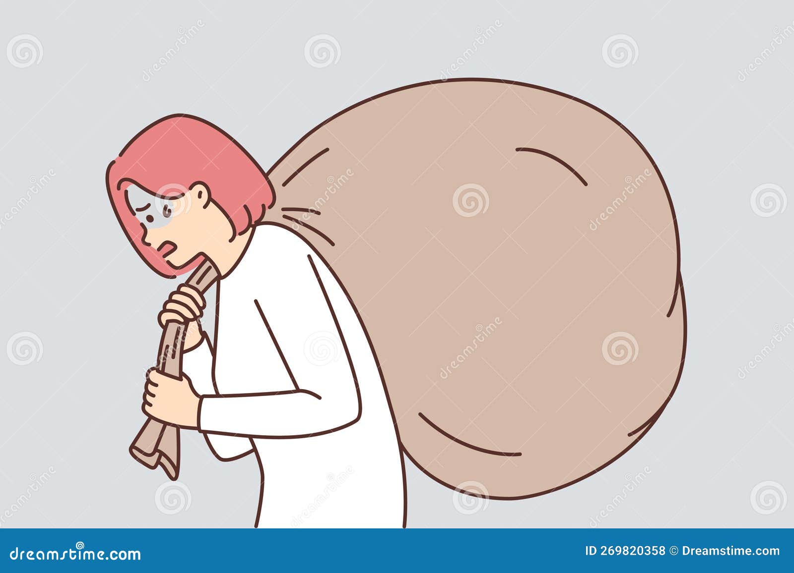 Tired Girl With Big Bag Behind Back Suffers Due To Overestimation Of Own Strength Stock Vector