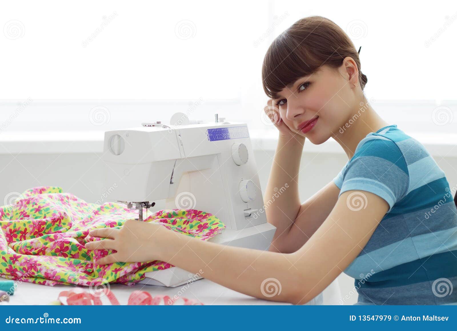 Tired Girl Seamstress and Sewing Machine Stock Image Image of studio