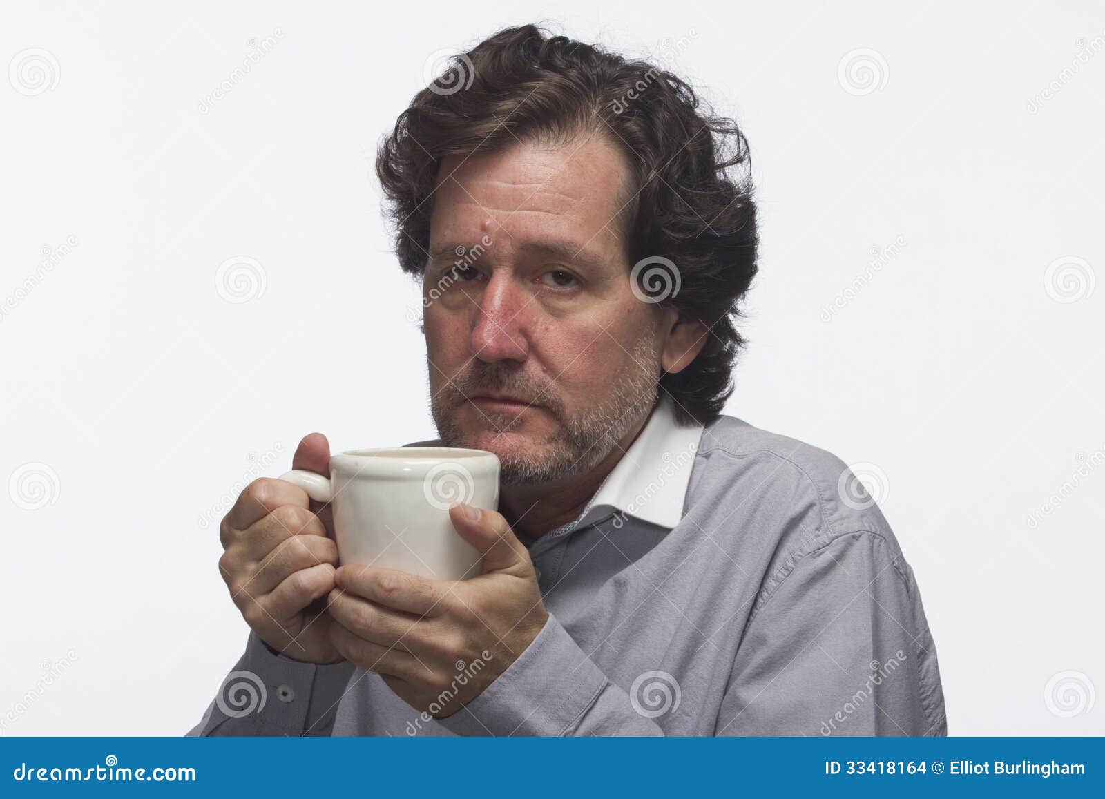Tired Man Holding Coffee Mug, Horizontal Stock Photo Image of person, tired 33418164