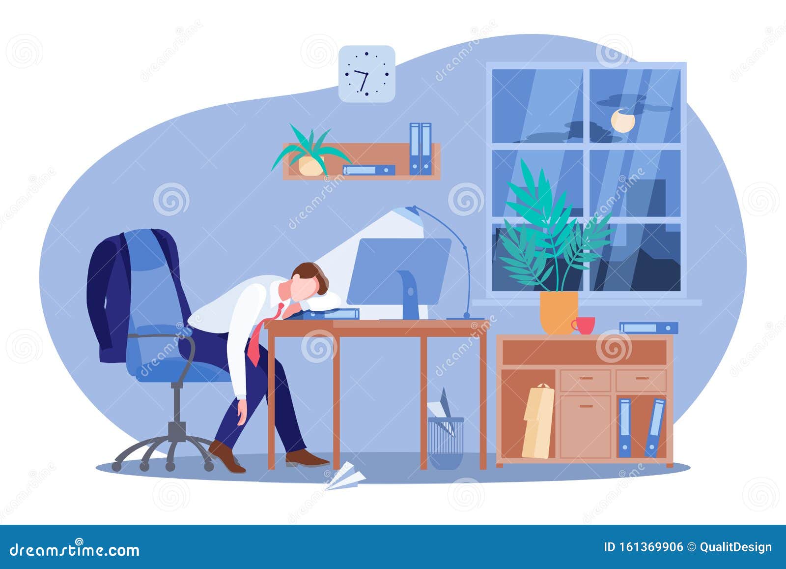 Tired Man Sleeping At The Desk In Office Vector Flat