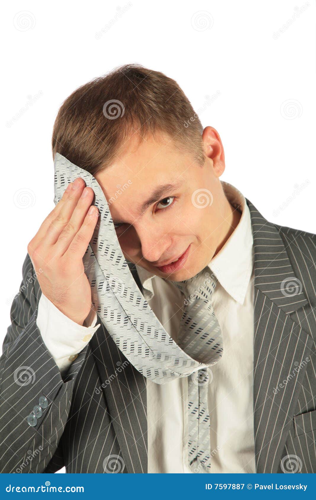 tired man with tie on a white