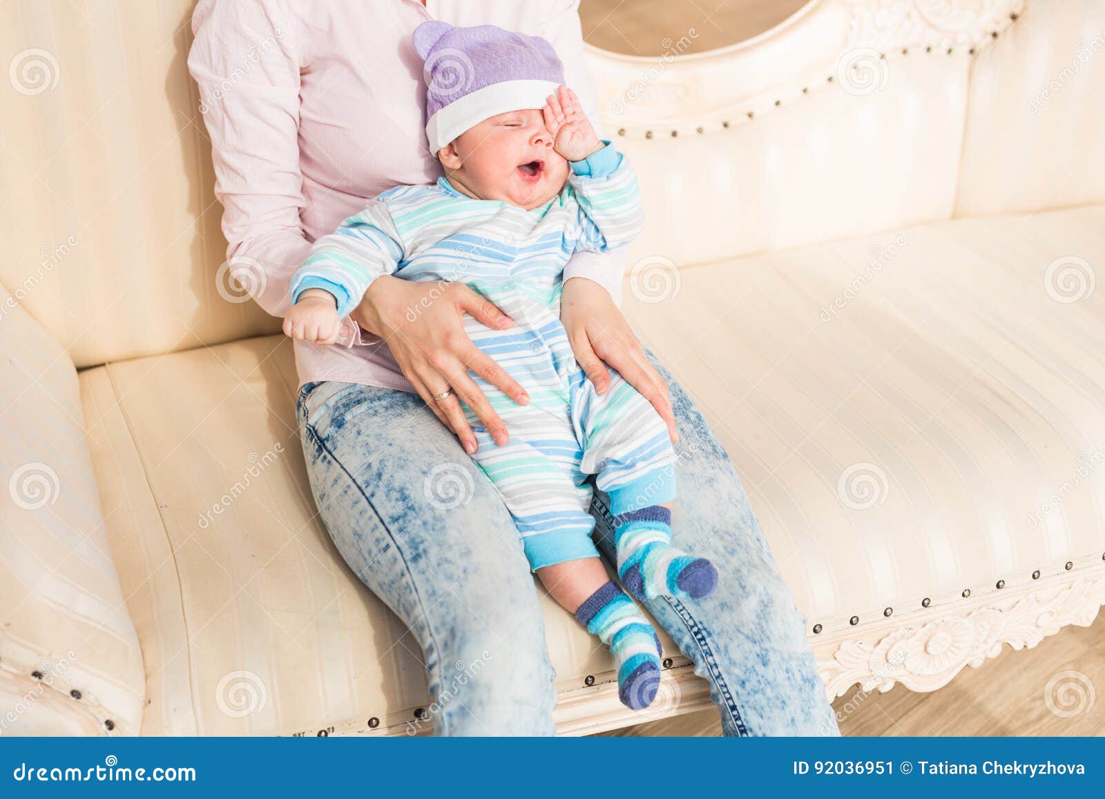 Tired Newborn Baby Boy Rubbing Eyes Stock Image - Image of ...