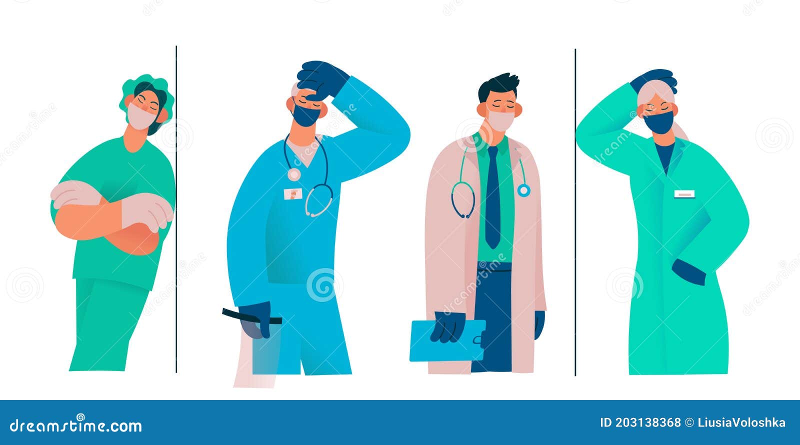 Tired Overworked Doctors, Nurses, Paramedics, Vector Flat Isolated