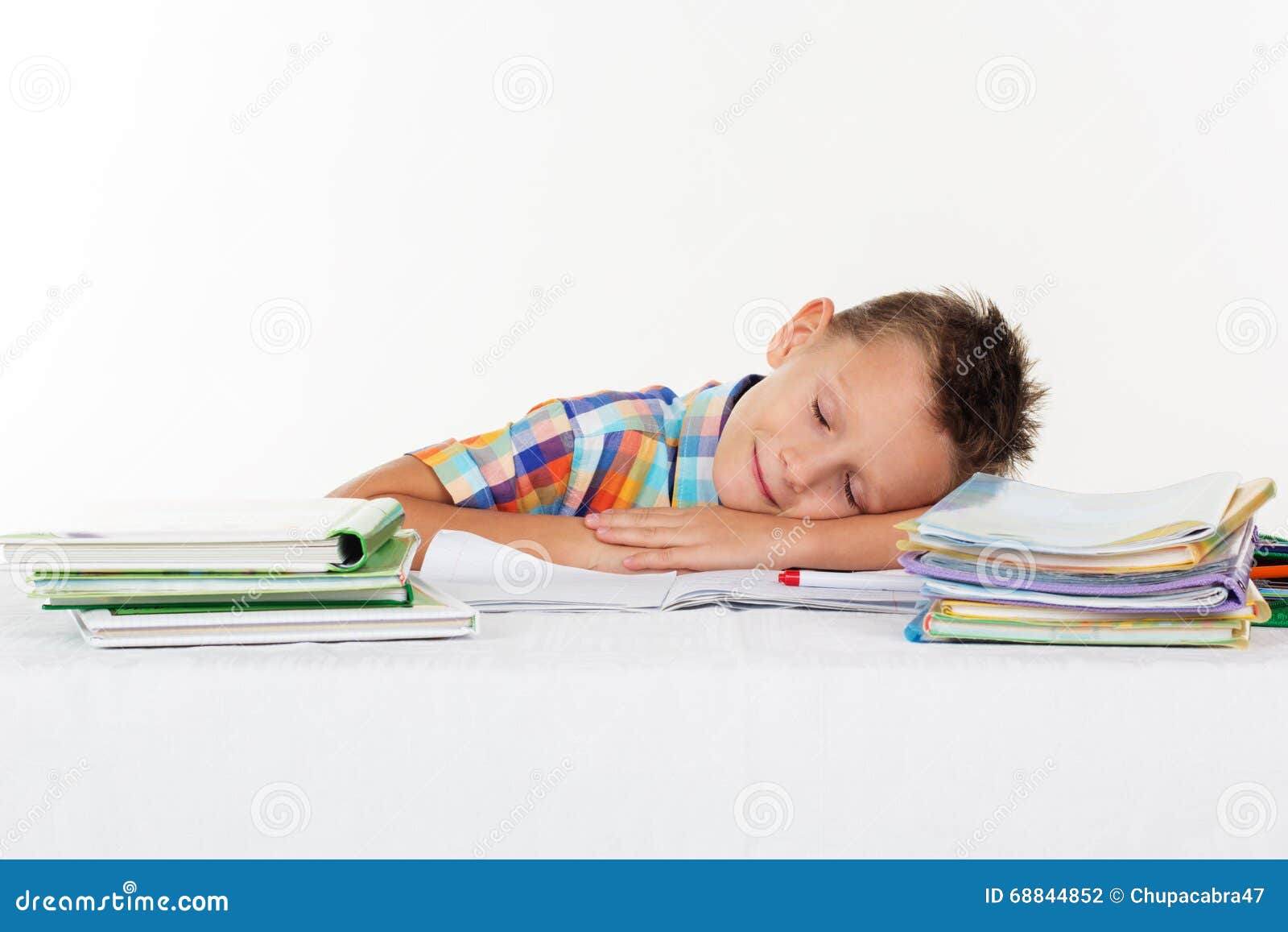 Tired School Boy Is Sleeping On Desk Stock Photo Image Of Desk