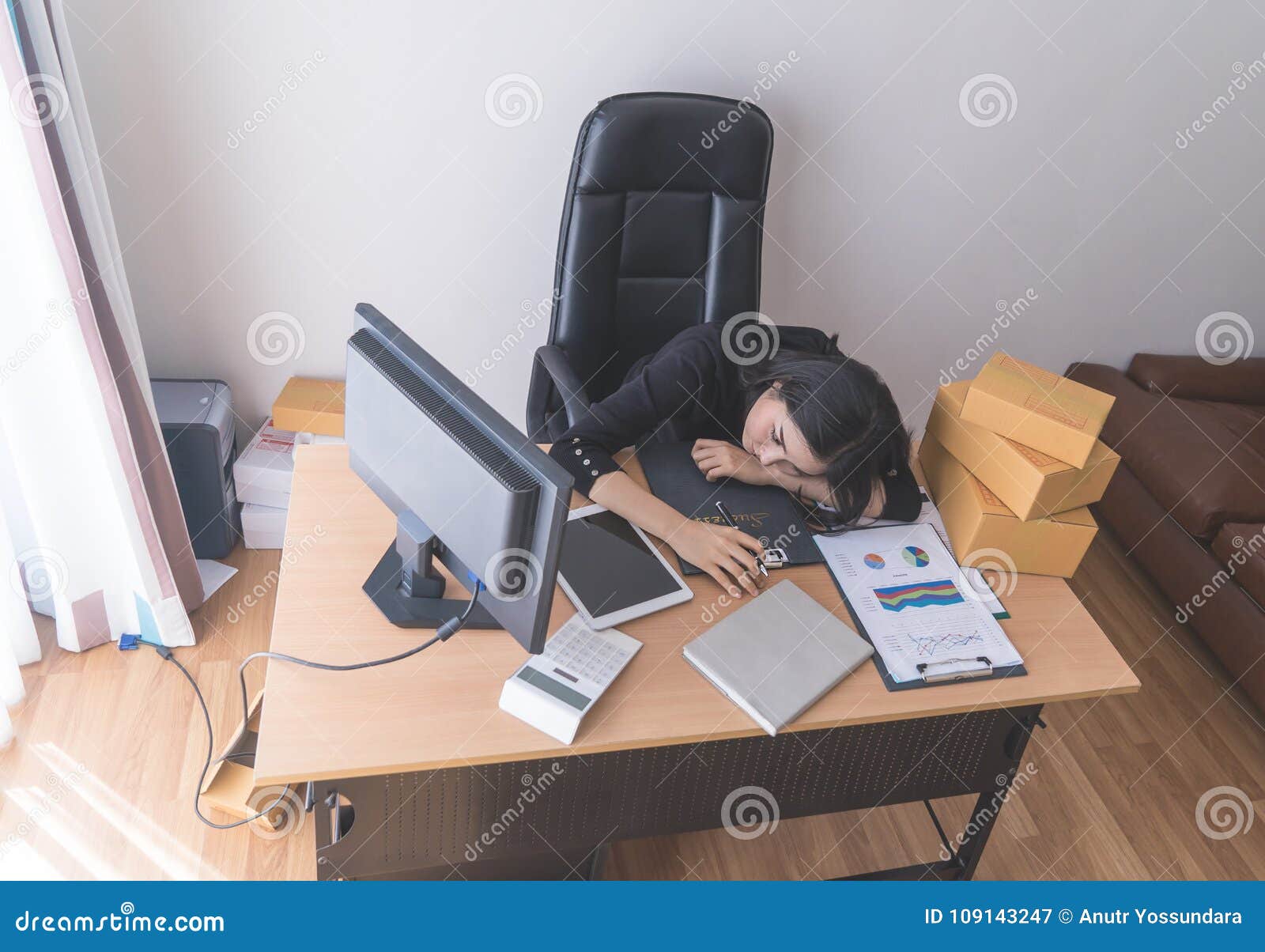 Tired Sleepy Female Office Worker Is Sleeping With A Lot Of Work