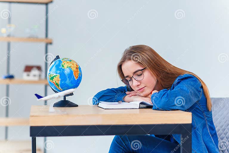 Tired Teen Girl Falling Asleep Exhausted After Long Hours Of Learning Exam Test Preparations