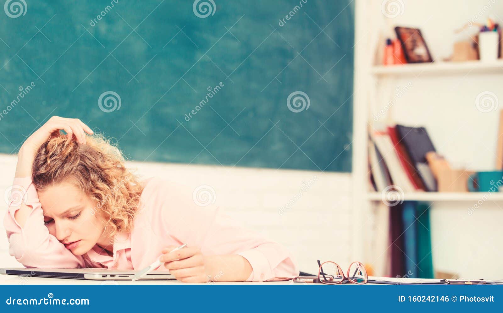 Tired Tutor Fall Asleep At Workplace Tired Student Lean On Desk