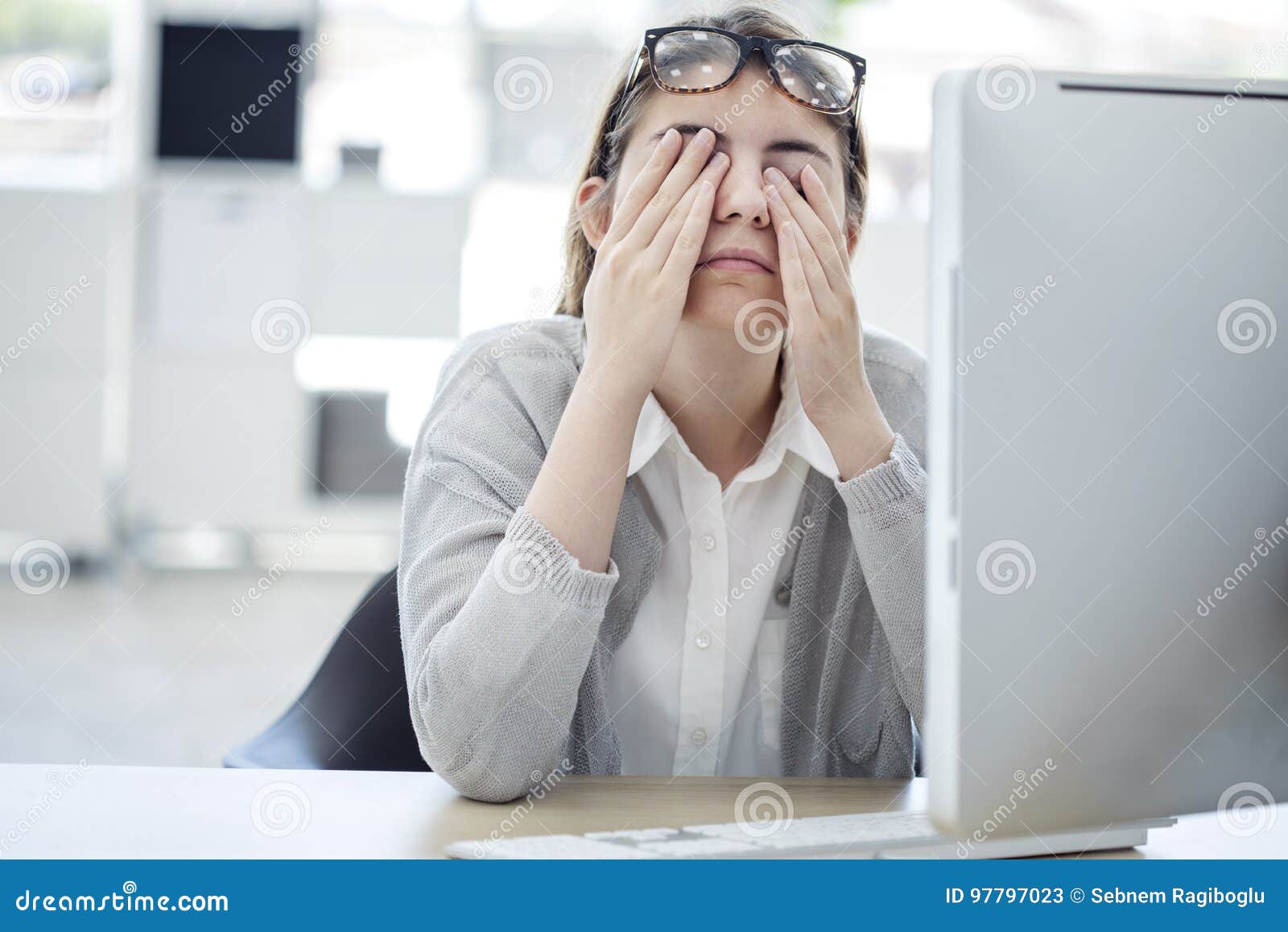 Tired Woman Touching Her Eyes Stock Image Image of work, pain 97797023
