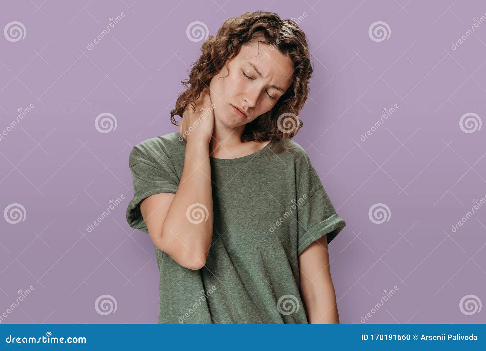 Tired Upset Young Caucasion Woman Suffering from Fatigued Massaging