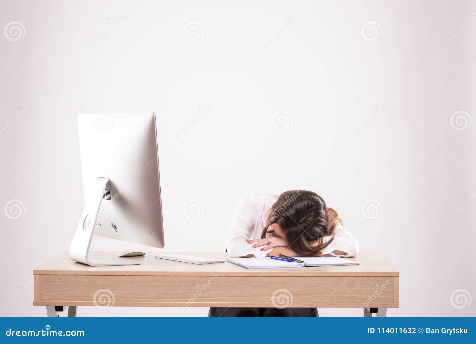 Tired Young Business Woman Sleeping Sitting At Your Desk On