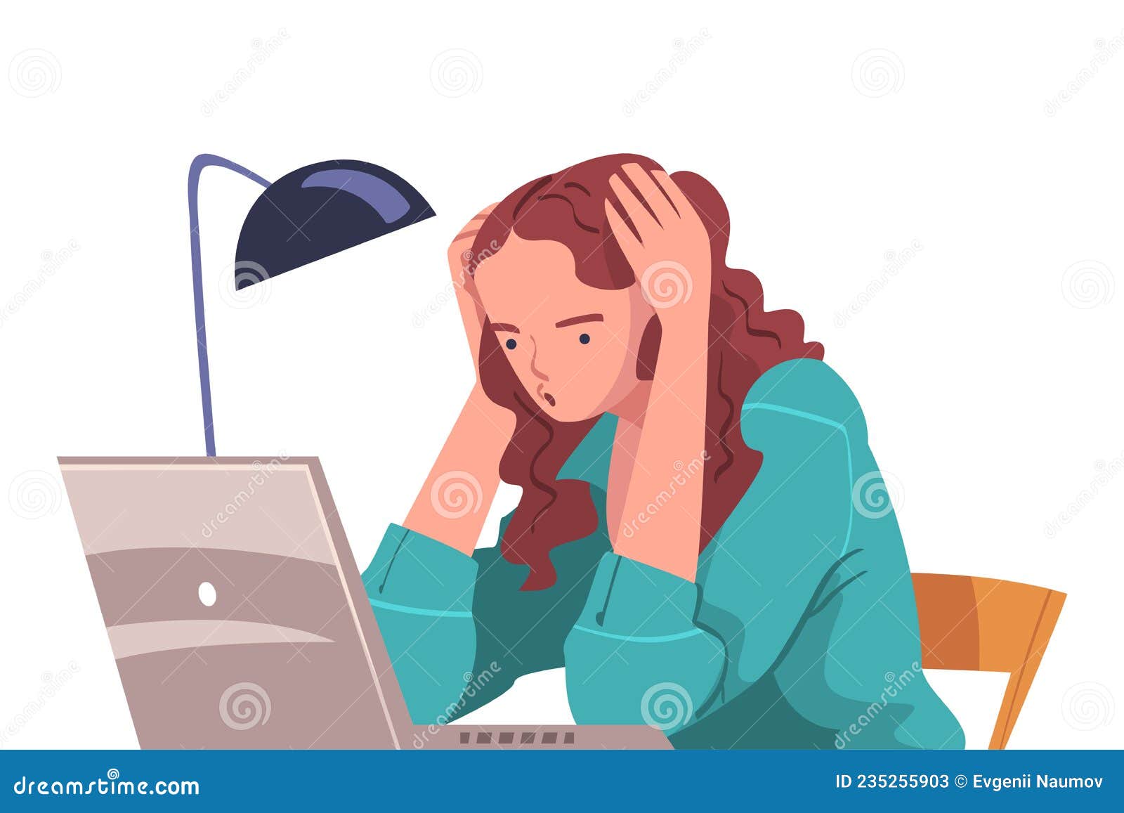 tired young woman sitting at laptop holding head with hands  