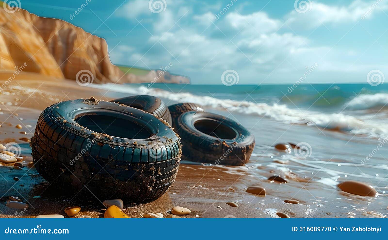 tires on beach reused for mulching to combat pollution and waste. concept pollution, waste
