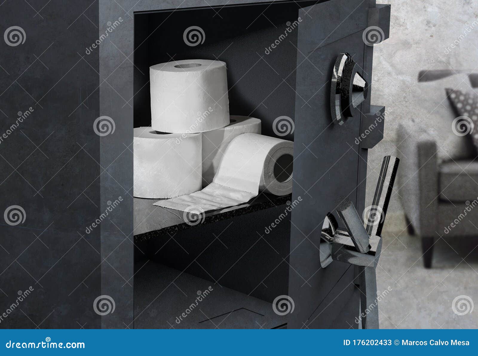 tissue paper rolls in safe vault - conceptual image on covid-19 virus outbreak crisis with stock up of toilet paper deposit into