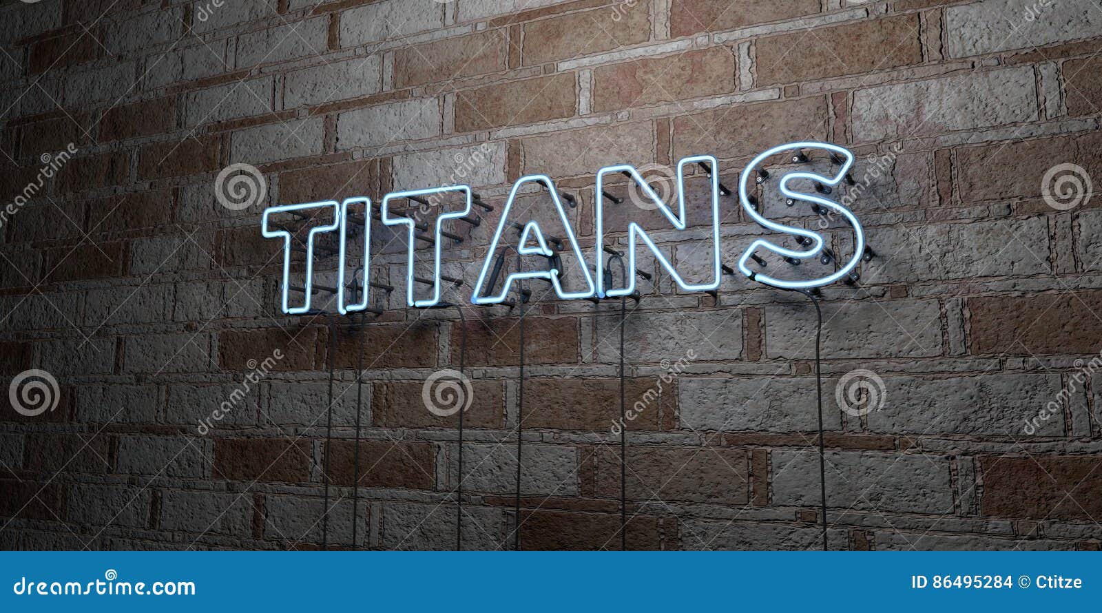 titans - glowing neon sign on stonework wall - 3d rendered royalty free stock 
