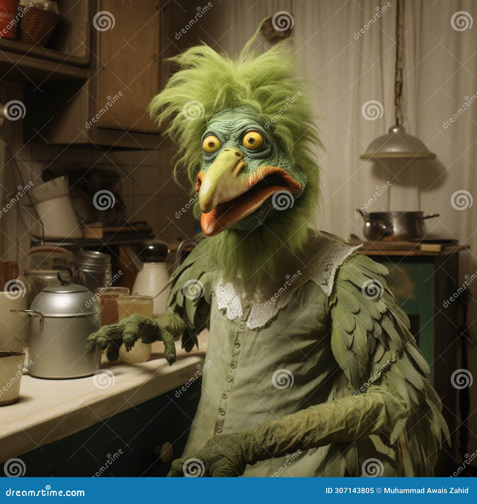 muppet metaphorical green color chicken, making something in kitchen