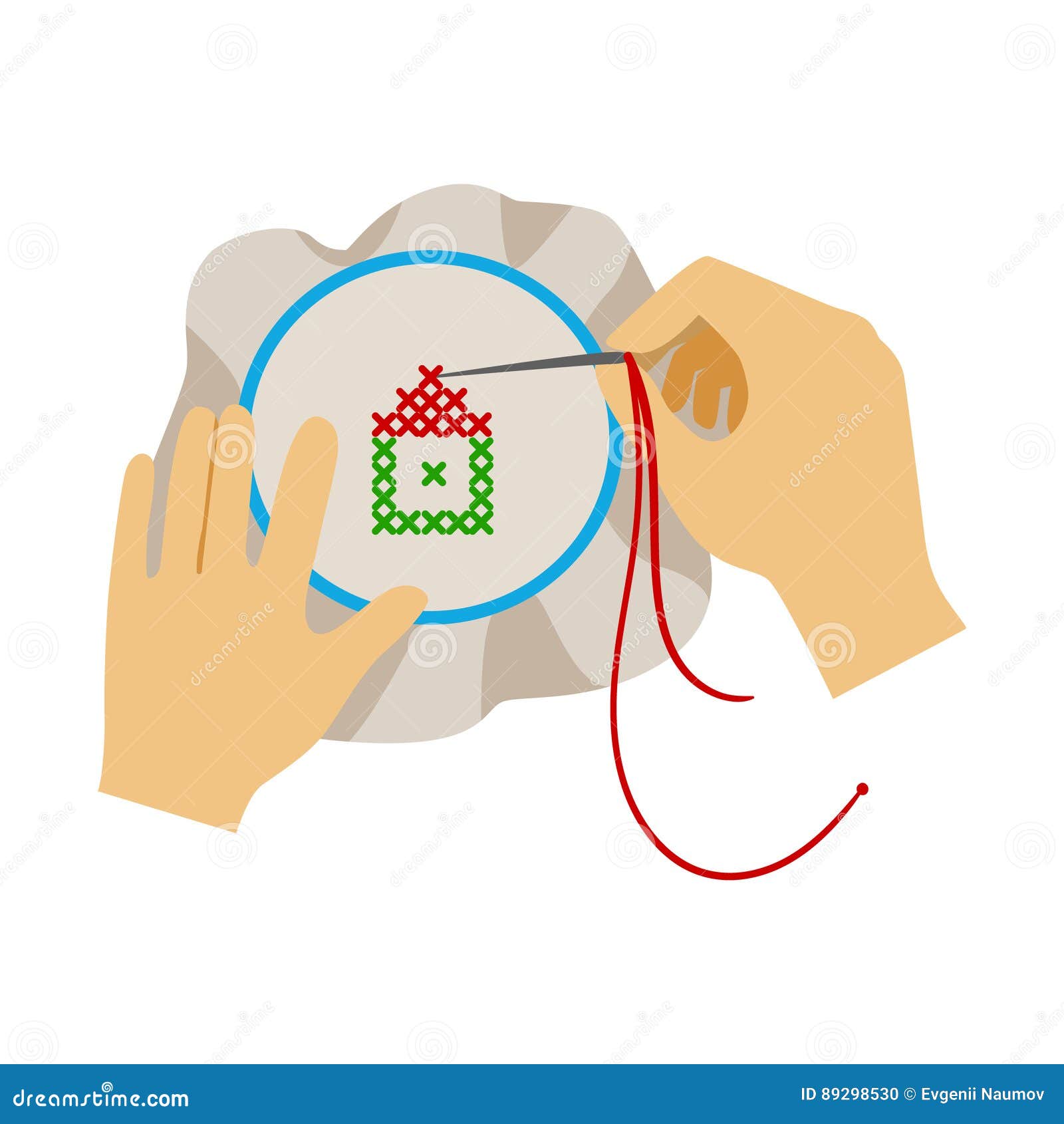 to hands doing cross-stitching needlework, ary school art class  