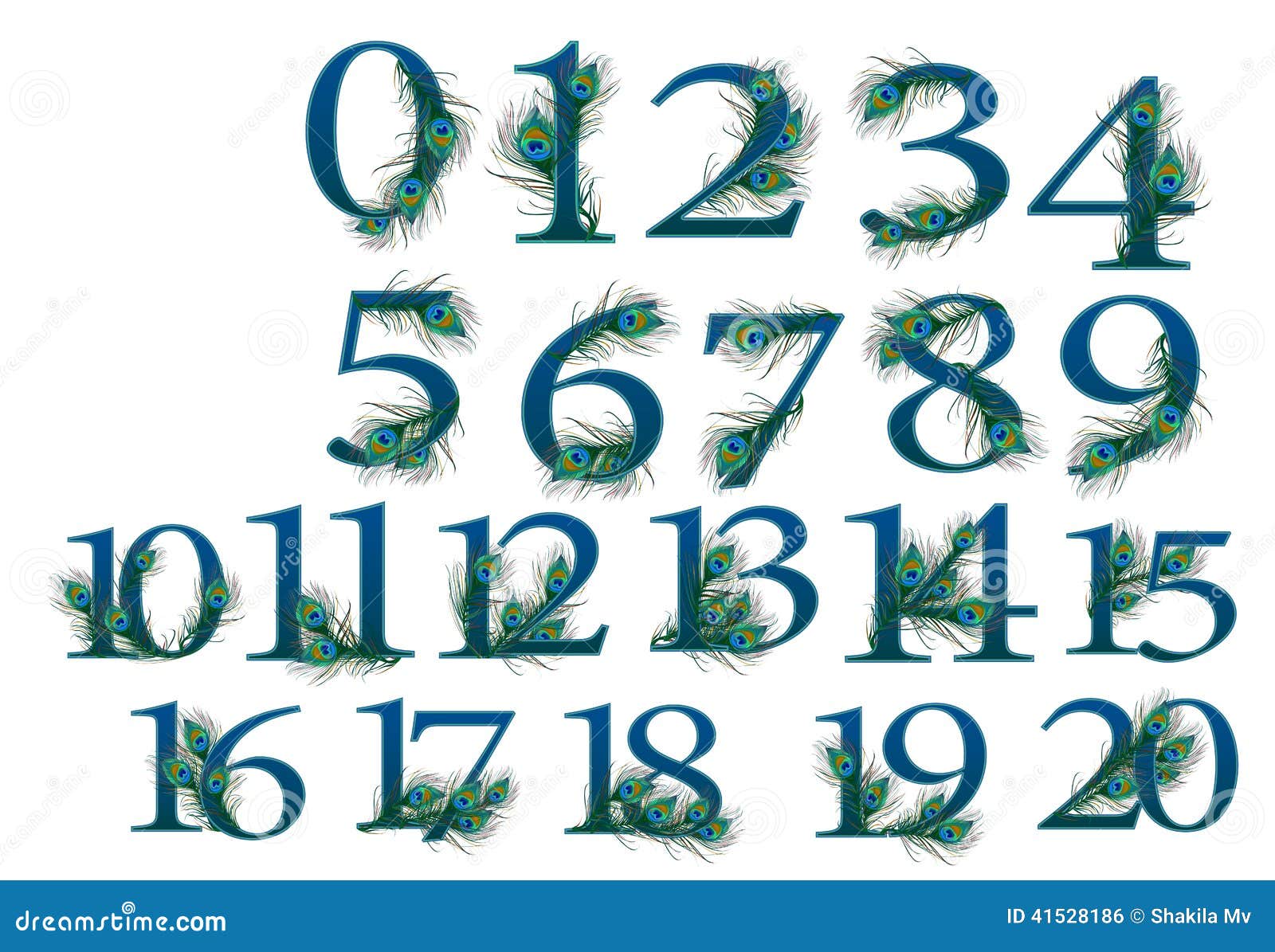0 To 20 Number Set Of 0 To 100 Peacock Numbers Stock Photo