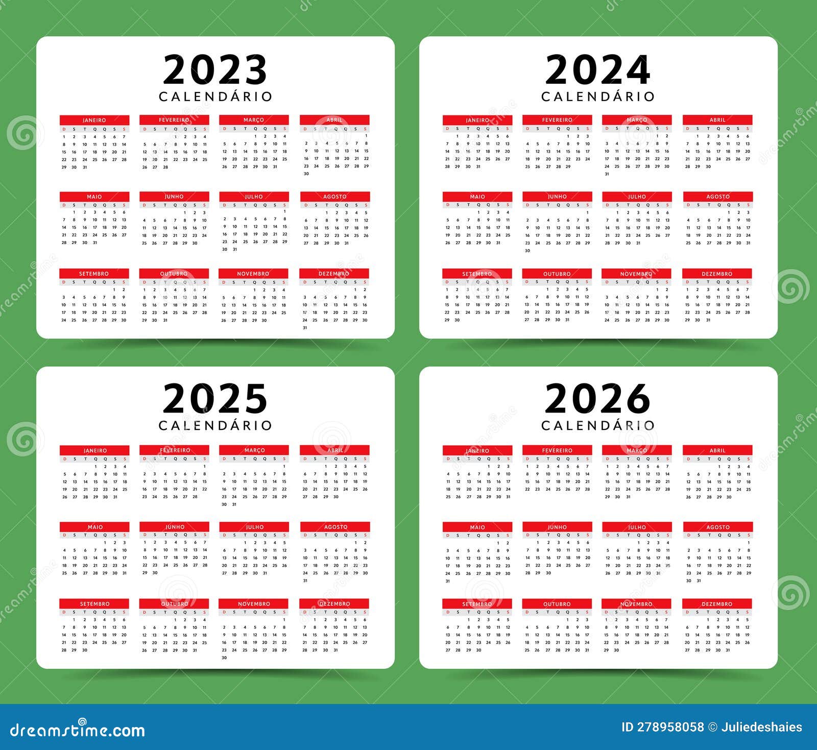 2023 To 2026 Portuguese Language Calendar Layout Stock Vector - Illustration of year, annual 