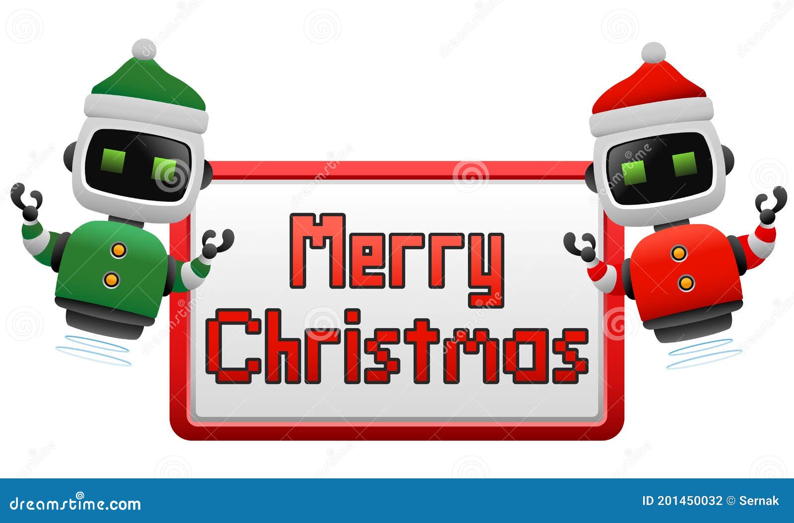 cute new year robots with merry christmas lettering