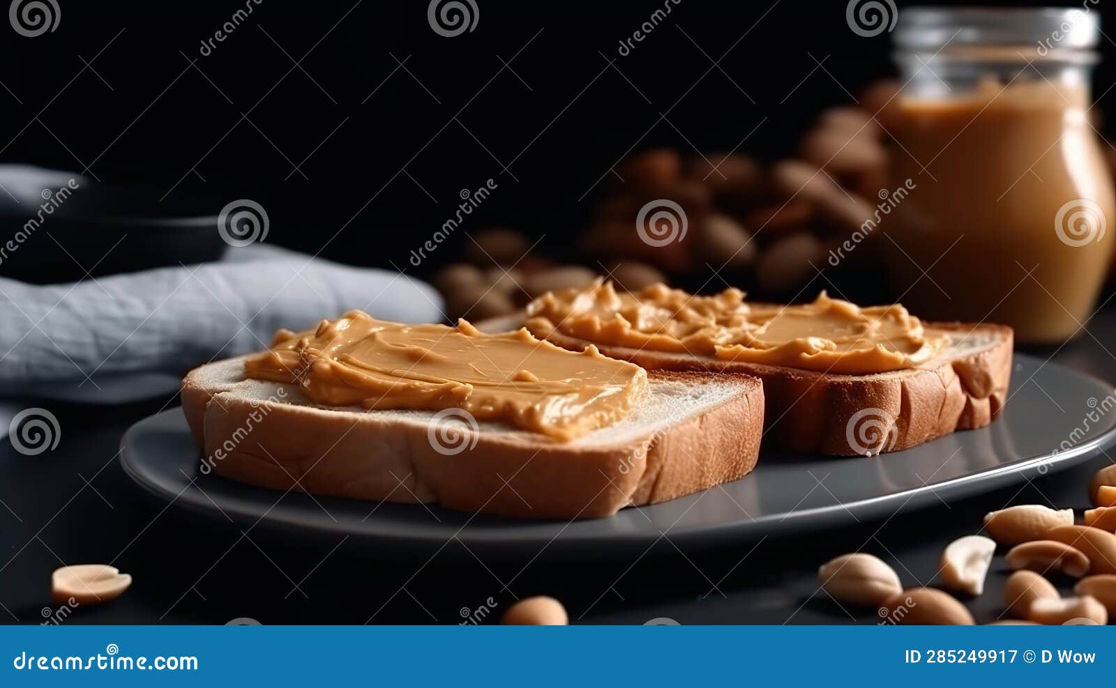 Toast with Peanut Butter in the Kitchen Closeup. Toast for Breakfast