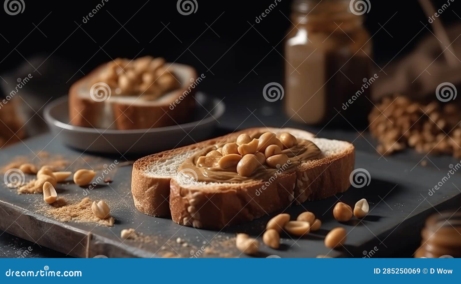 Toast with Peanut Butter in the Kitchen Closeup. Toast for Breakfast