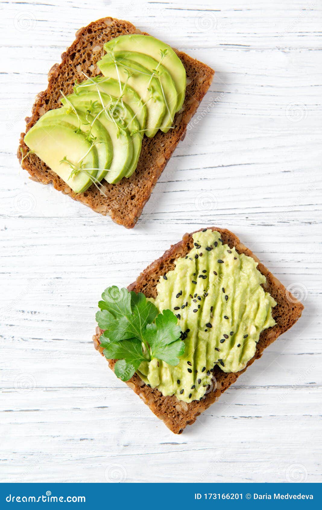 Toast with Sliced Avocado with Garden Cress Sprouts, Mashed Avocado and ...