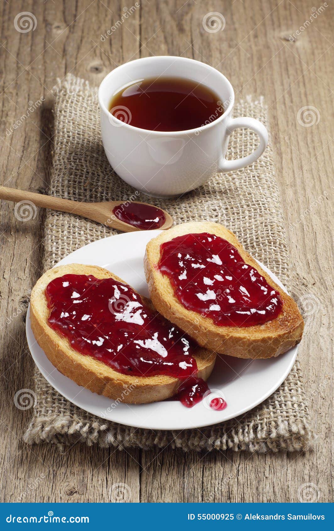 Toasted Bread with Strawberry Jam and Tea Cup Stock Image Image of