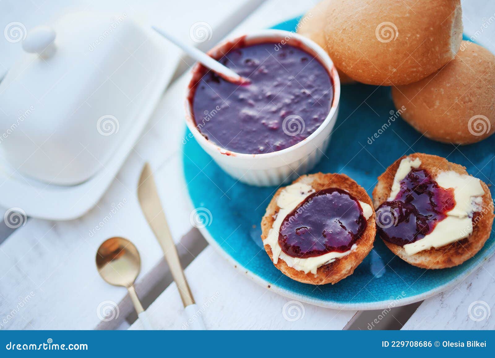 Toasted Buns with Fresh Butter and Plum Jam Stock Photo Image of table, homemade 229708686