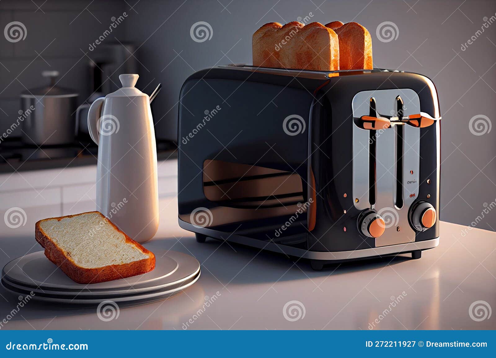 Toaster with Dishes and Sandwiches on a Light Kitchen Table Stock