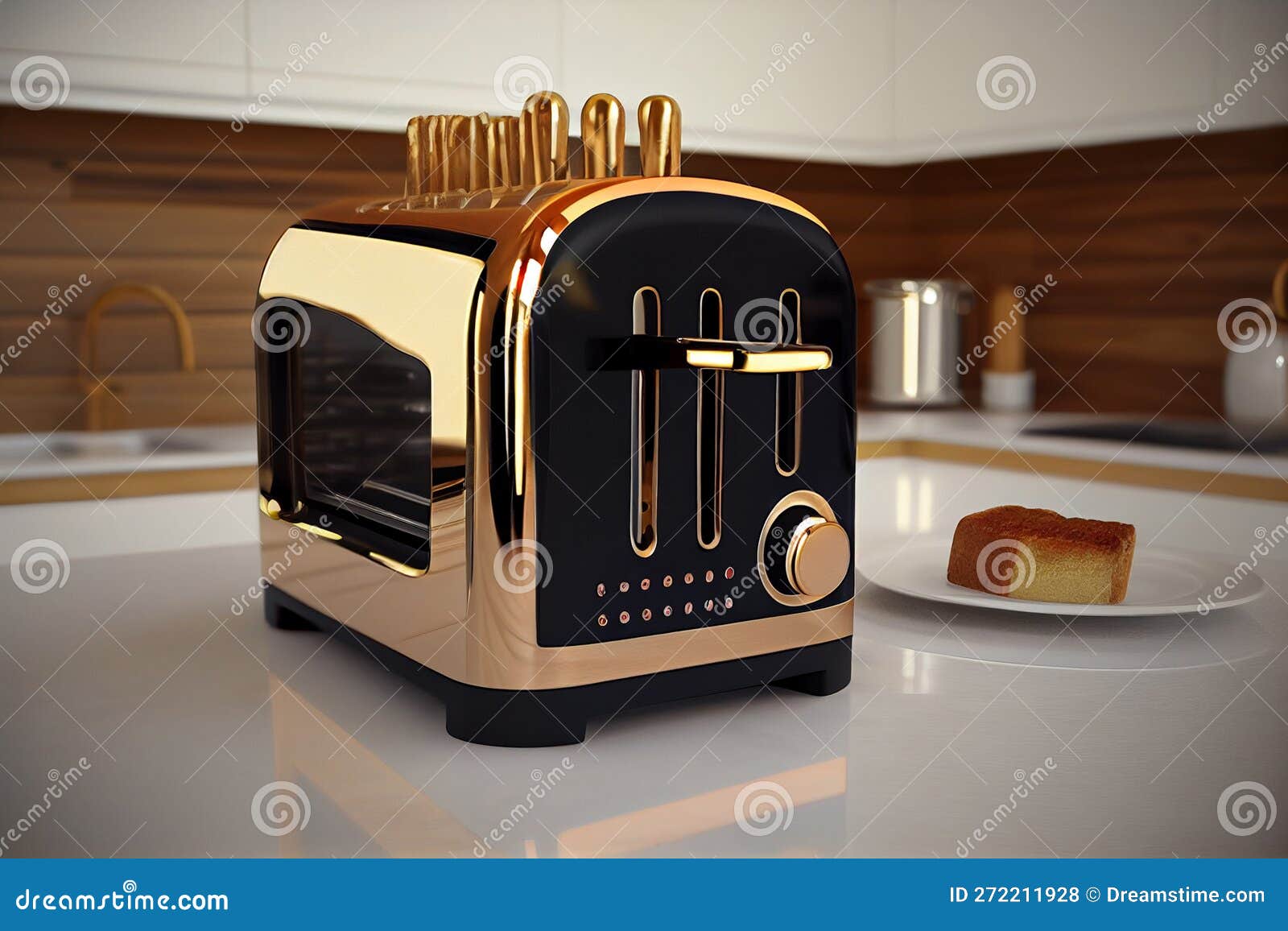 Toaster with Dishes and Sandwiches on a Light Kitchen Table Stock
