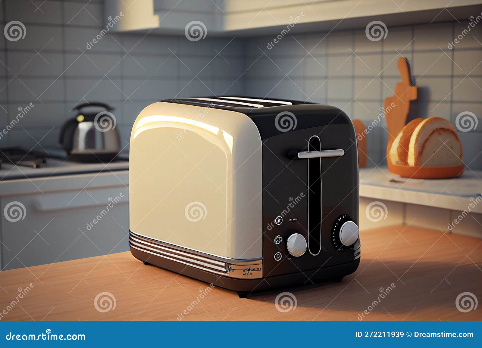Toaster with Dishes and Sandwiches on a Light Kitchen Table Stock Image