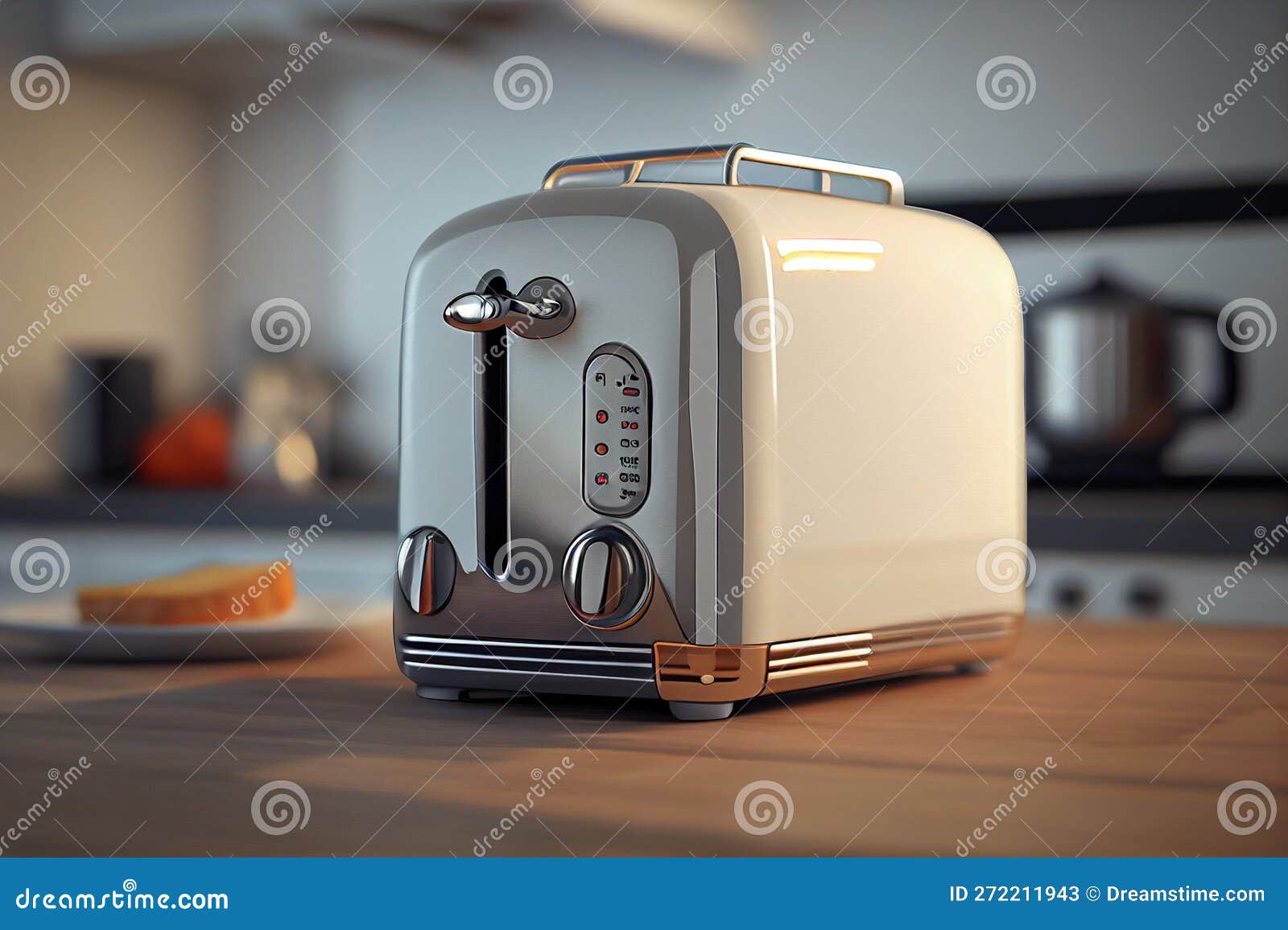 Toaster with Dishes and Sandwiches on a Light Kitchen Table Stock
