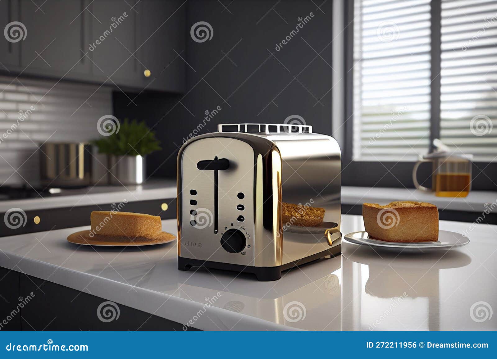 Toaster with Dishes and Sandwiches on a Light Kitchen Table Stock