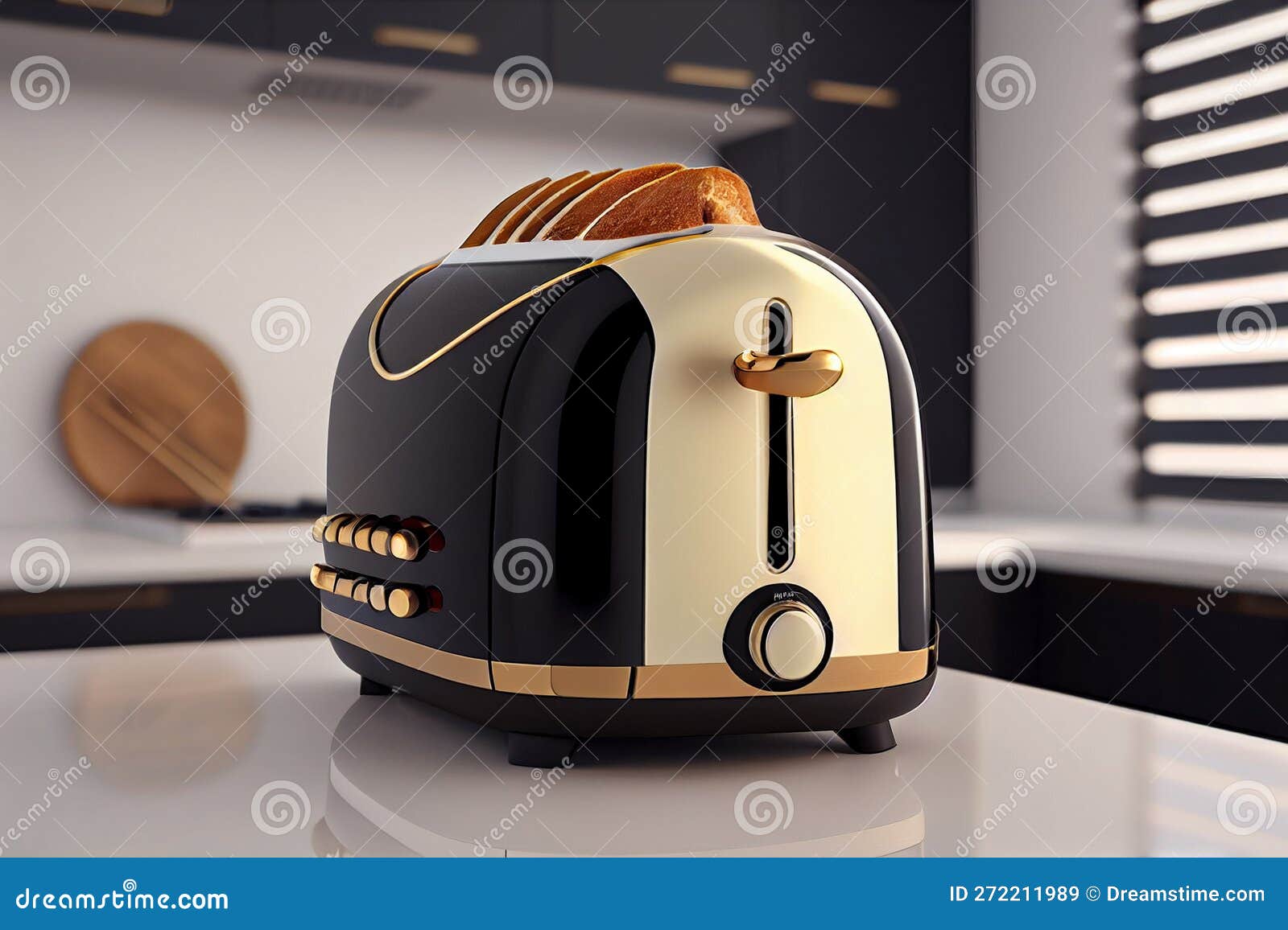 Toaster with Dishes and Sandwiches on a Light Kitchen Table Stock