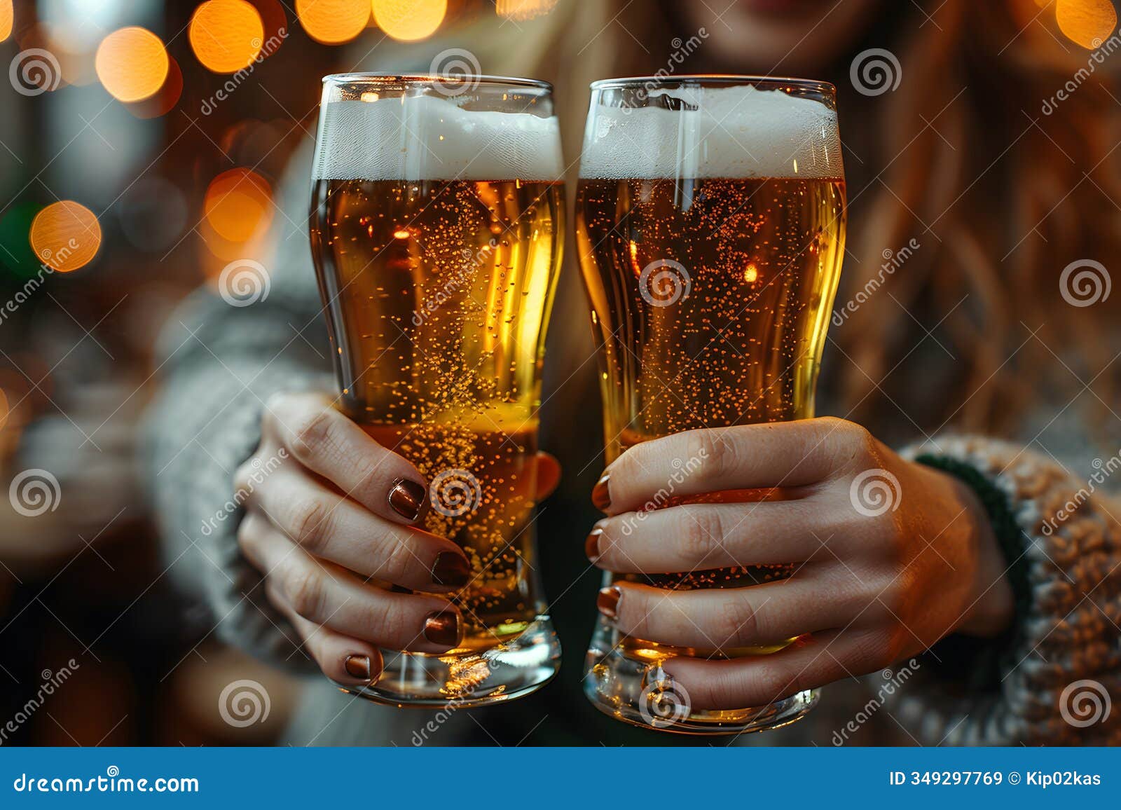 toasting with two glasses of beer in festive setting with warm bokeh lights generative ai