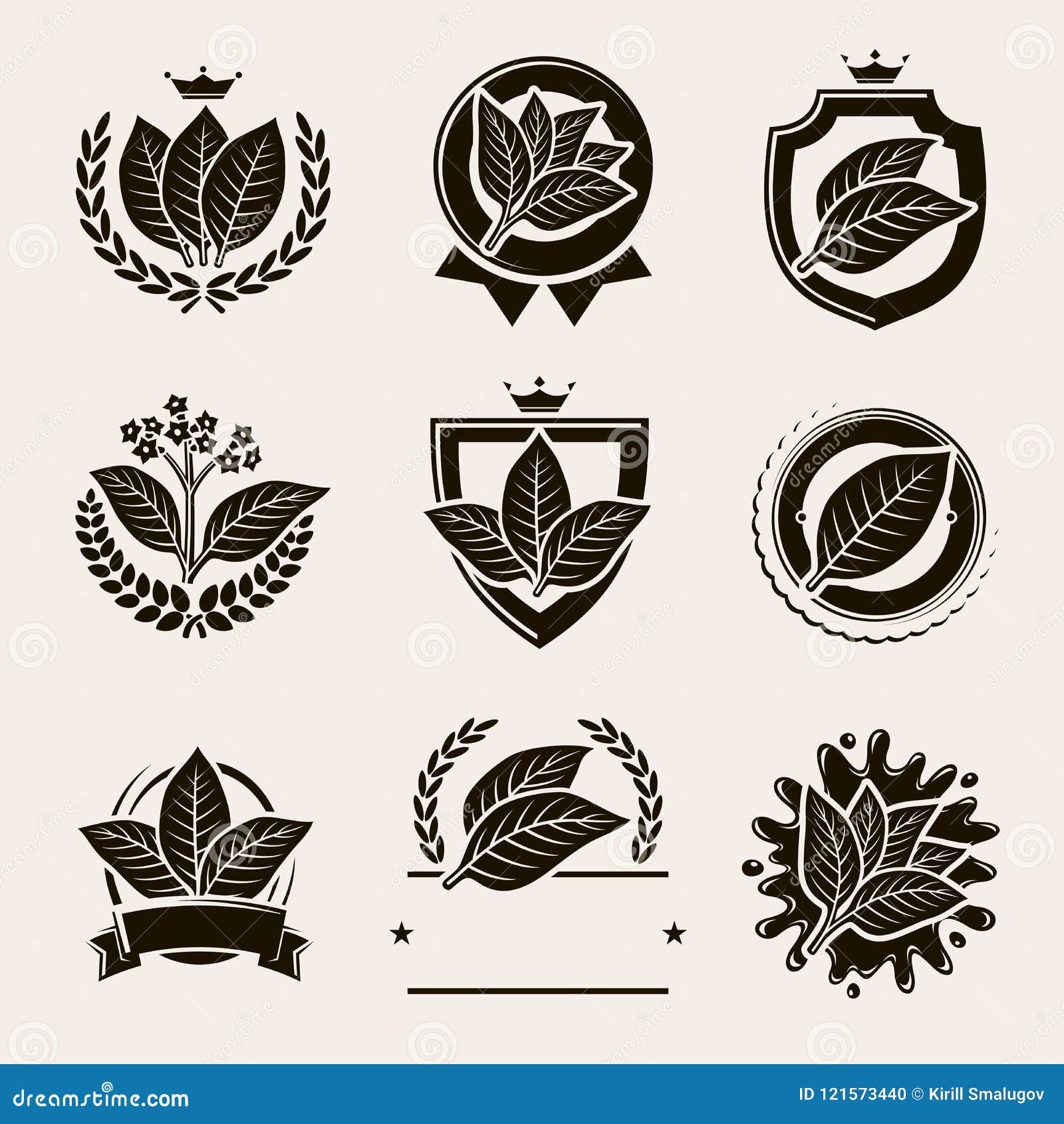 tobacco leaf label and icons set. 