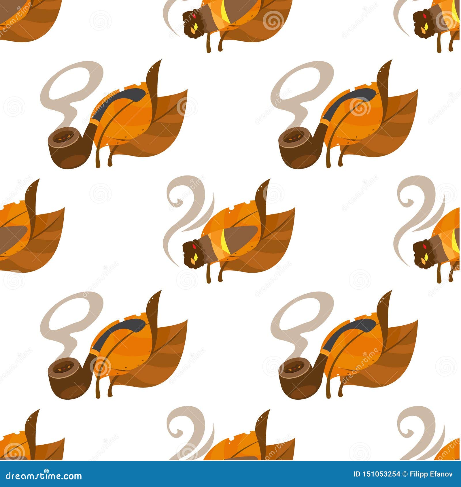 Tobacco Leaves, Tobacco Pipe and Cigar Seamless Pattern on White