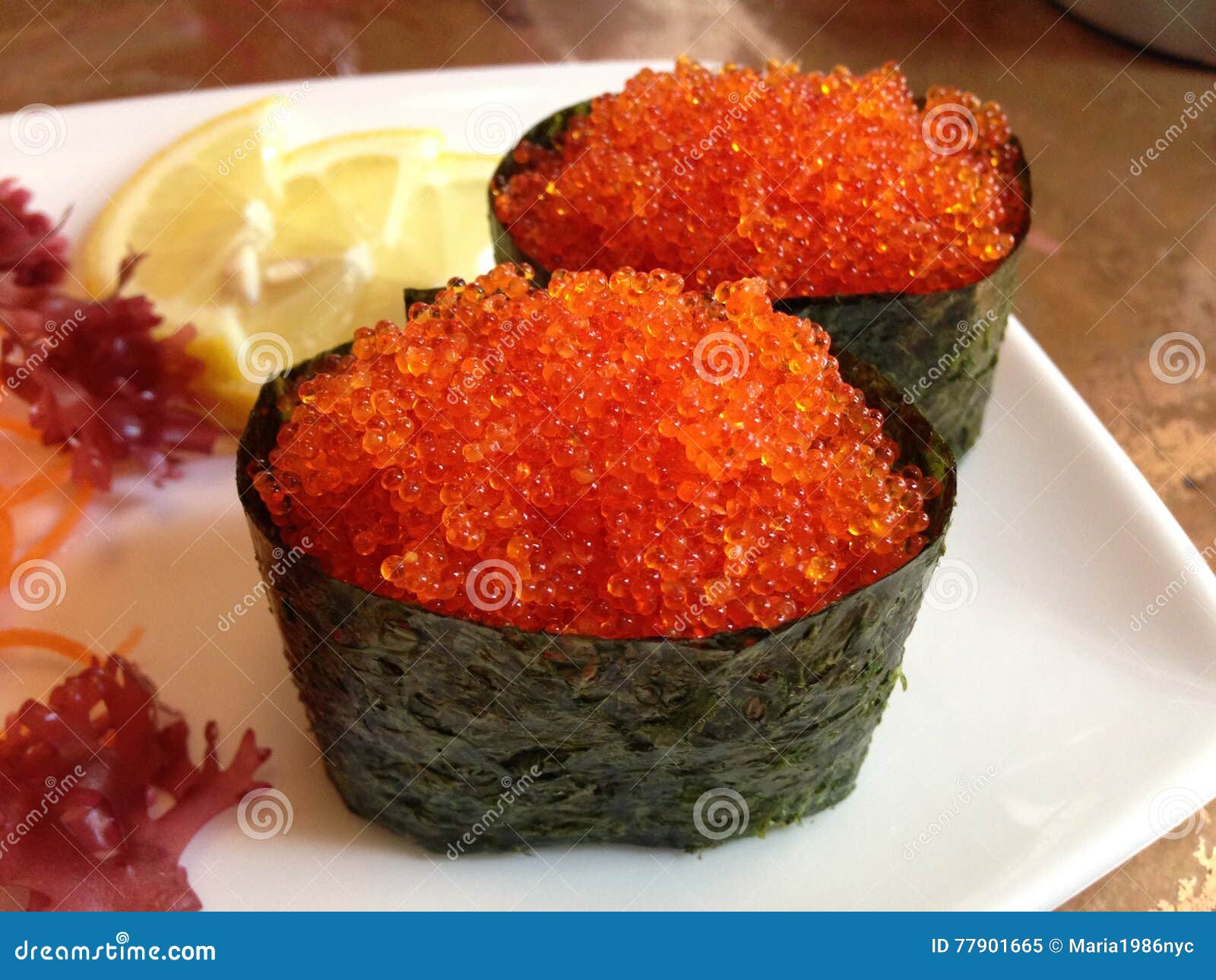 Tobiko (Flying Fish / Exocoetidae Roe) Sushi on Plate. Stock Image - Image  of orange, white: 77901665