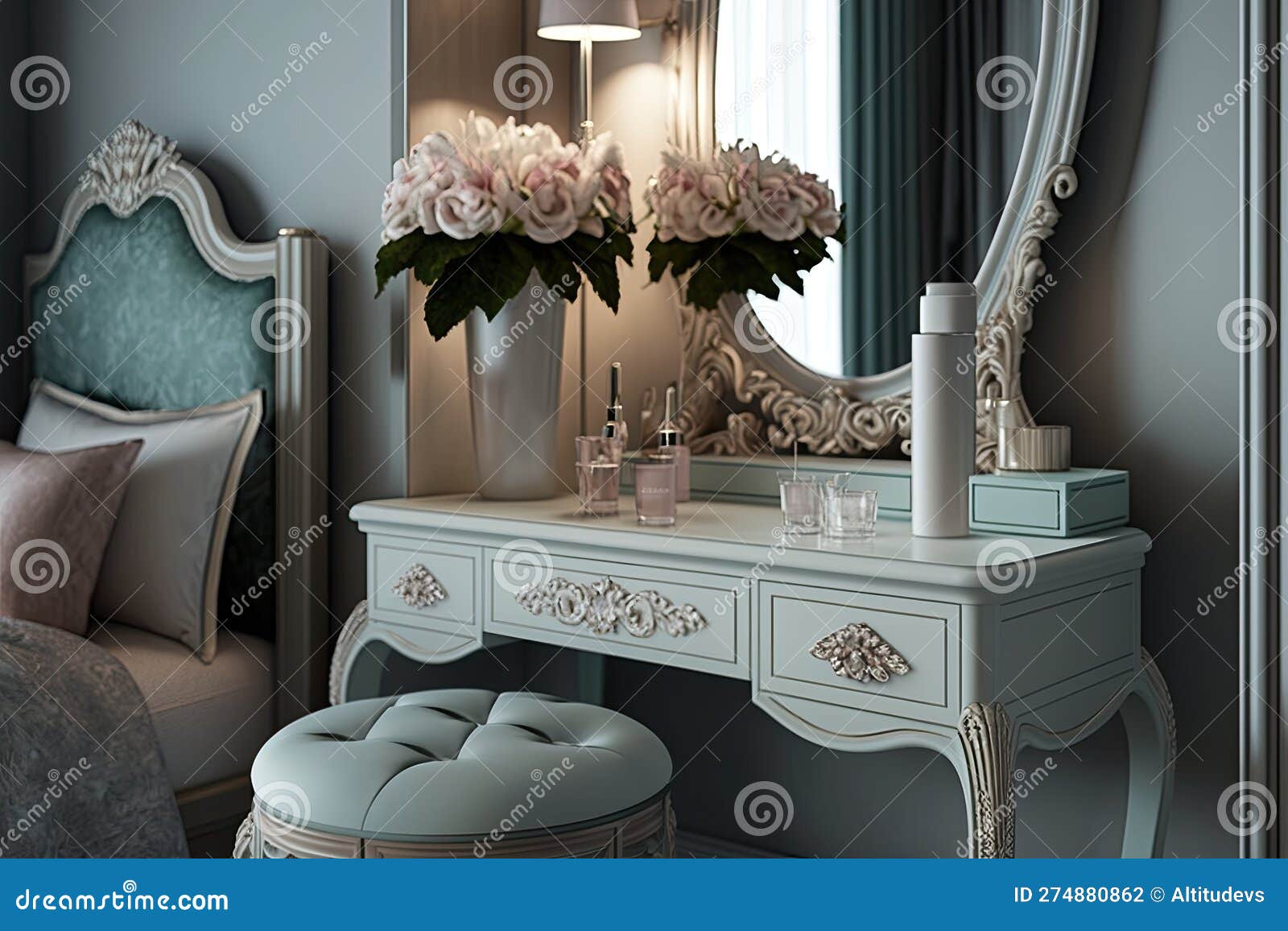 Tocador Con Espejo Y Taburete De Tocador En Un Dormitorio Elegante Stock de  ilustración - Ilustración de belleza, silla: 274880875