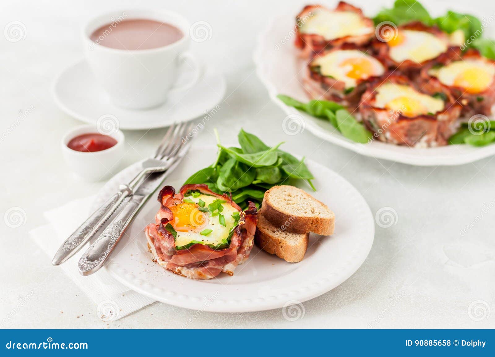 Tocino y hueveras con espinaca. Tocino y hueveras cocidos con la cebolla de la espinaca, del queso y de la primavera, espacio de la copia para su texto